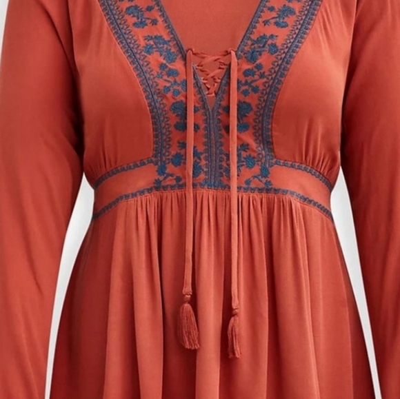 Burnt Orange Babydoll Gauze Lace Up Shirt with Embroidered, Crocheted Accents - Picture 9 of 10